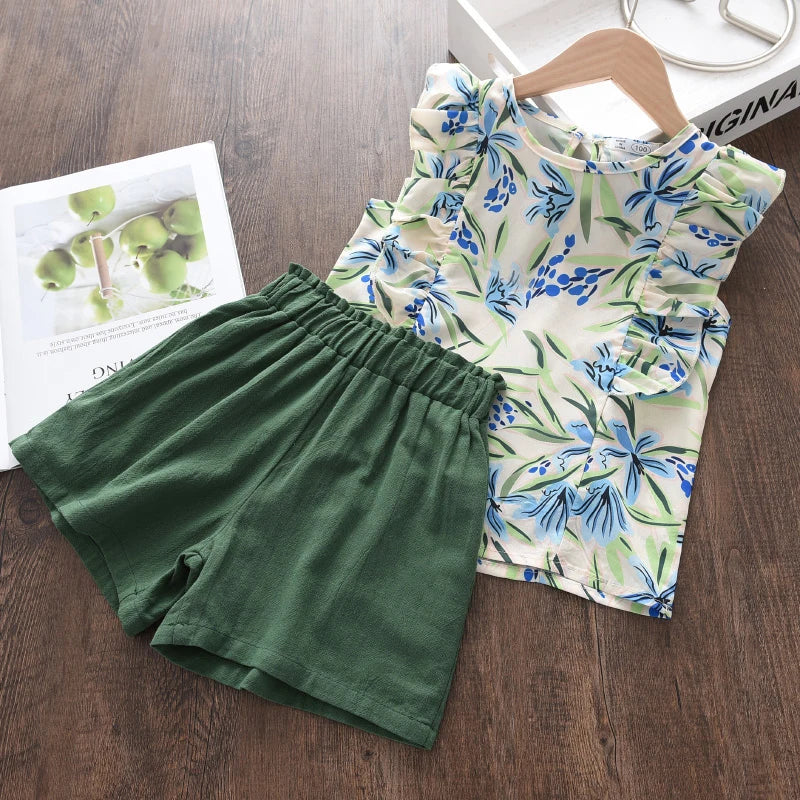 Girls Summer Feather Outfit Set - Sleeveless Top & Bandage Shorts