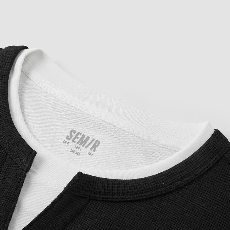 Colorblock Layered Look Waffle Texture Long Sleeve T-Shirt - Men's Loose Fit Top
