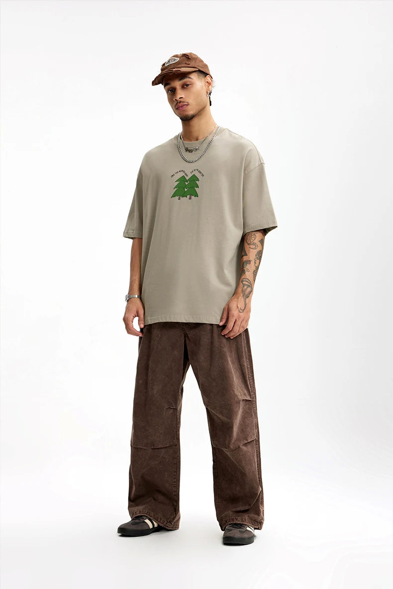 Unisex 265G Pine Tree Puff Print Heavyweight oversize Casual Pure Cotton Short Sleeve T-Shirt