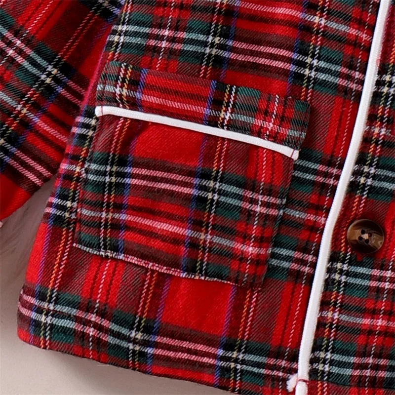 Kids Christmas Pajamas Set - Plaid Print Turn Down Collar Shirt & Pants