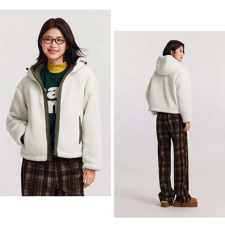Women's Anti-Static Faux Sherpa Hooded Jacket - Loose Fit Color Block Winter Coat