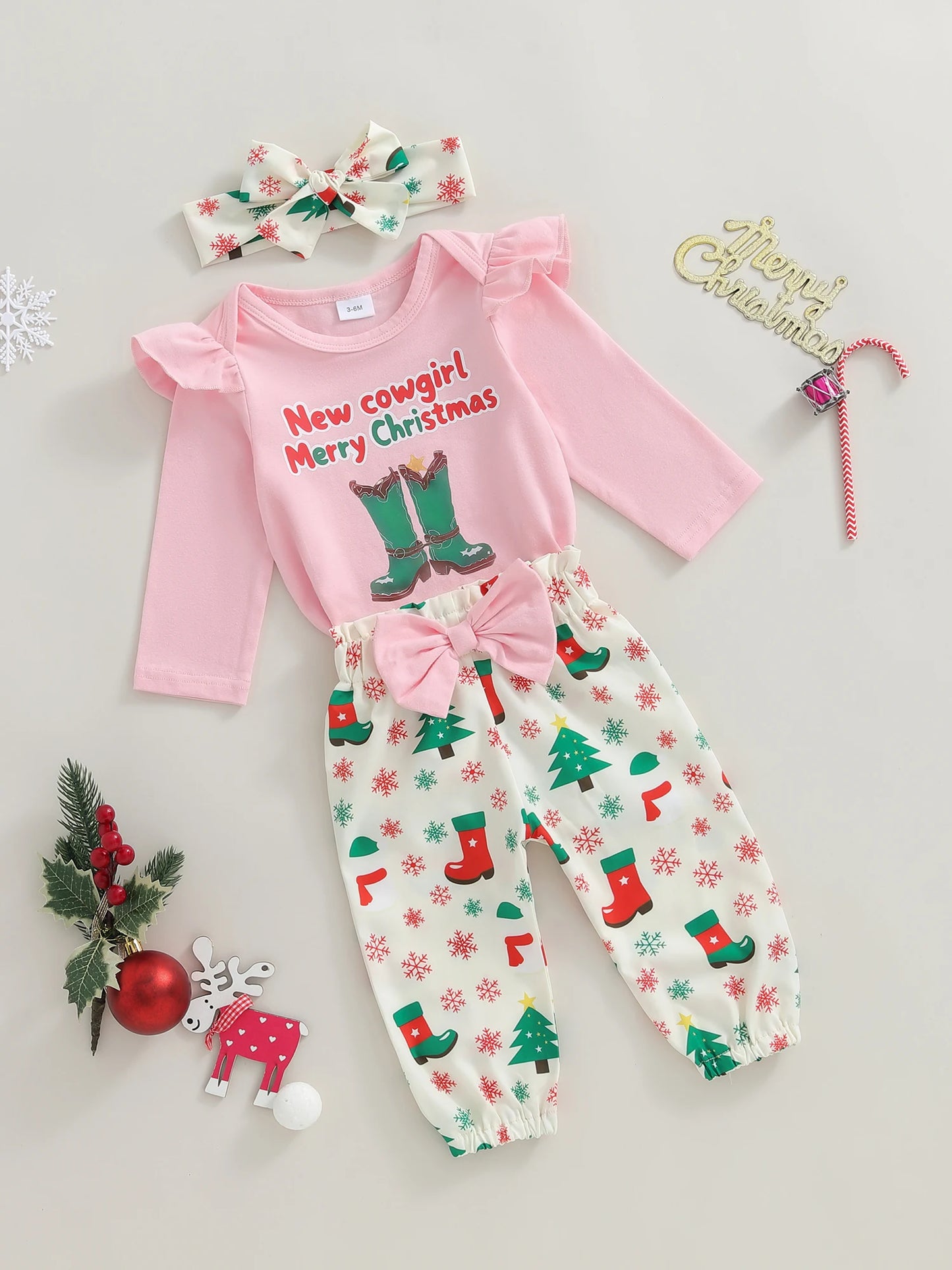 Baby Girls Christmas Outfit Set - 3-Piece Letter Long Sleeve Romper, Pants & Bow Headband (0-18M)