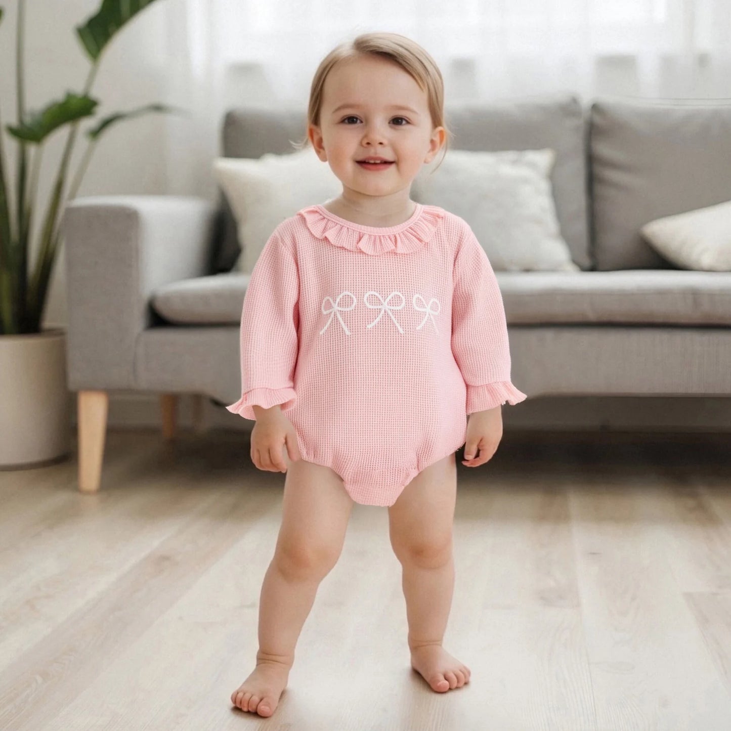Lovely Baby Girls Bubble Romper - Bow Embroidery Long Sleeve Ruffle Jumpsuit (0-18M)