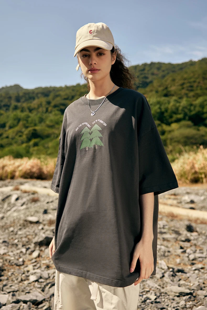 Unisex 265G Pine Tree Puff Print Heavyweight oversize Casual Pure Cotton Short Sleeve T-Shirt