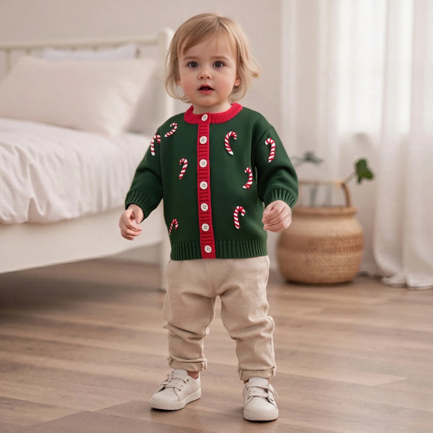 Toddler Baby Christmas Cardigan Sweater - Long Sleeve Button Down Candy Cane Embroidery