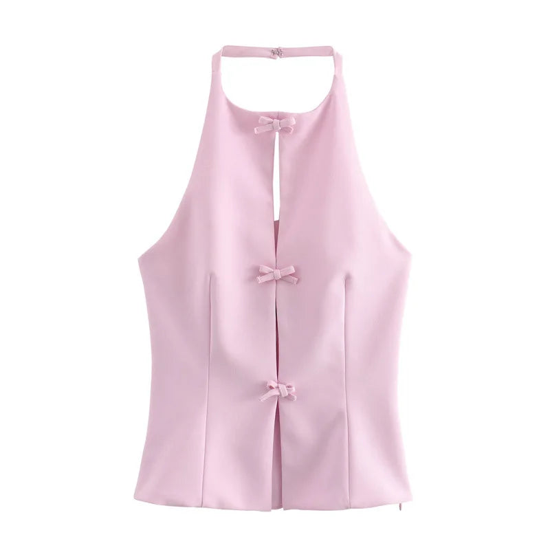 Women's Bows Halter Neck Solid Tank Top Low Waist Mini Skirt Two Piece Set
