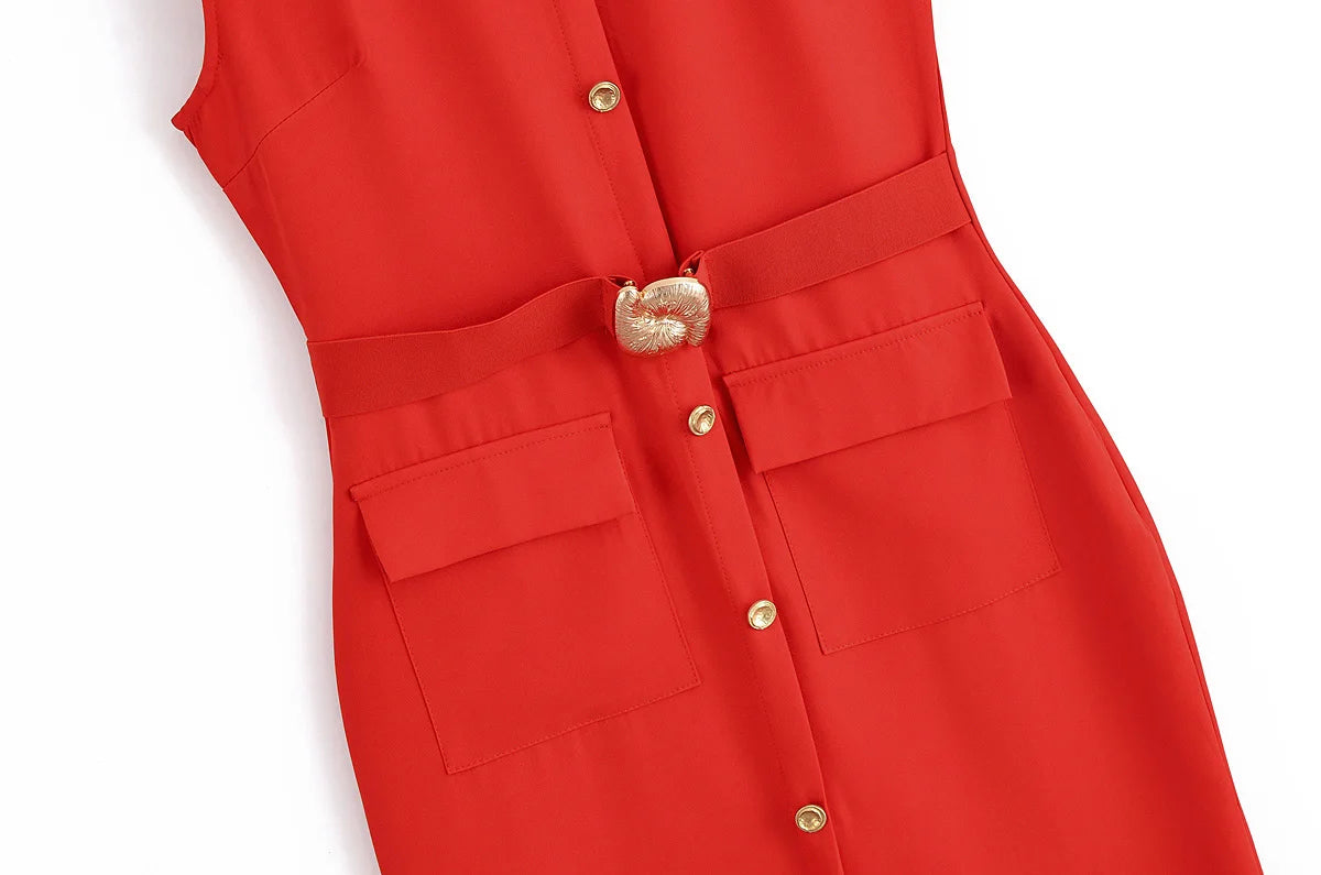 Women's Matching Belt Crepe Fabric Midi Dress