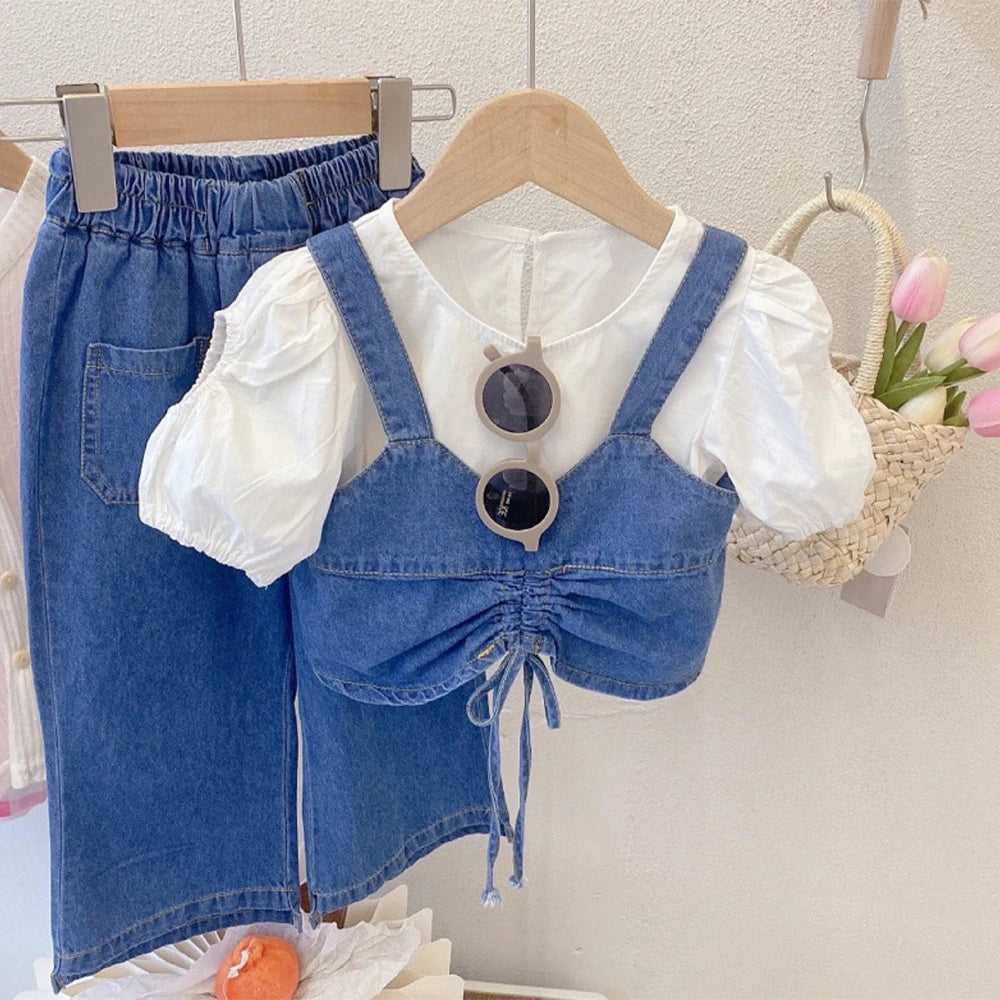 Girls' Set Summer Round Neck Short Sleeve Shirt with Denim Tank Top and Pants Three Piece  Set