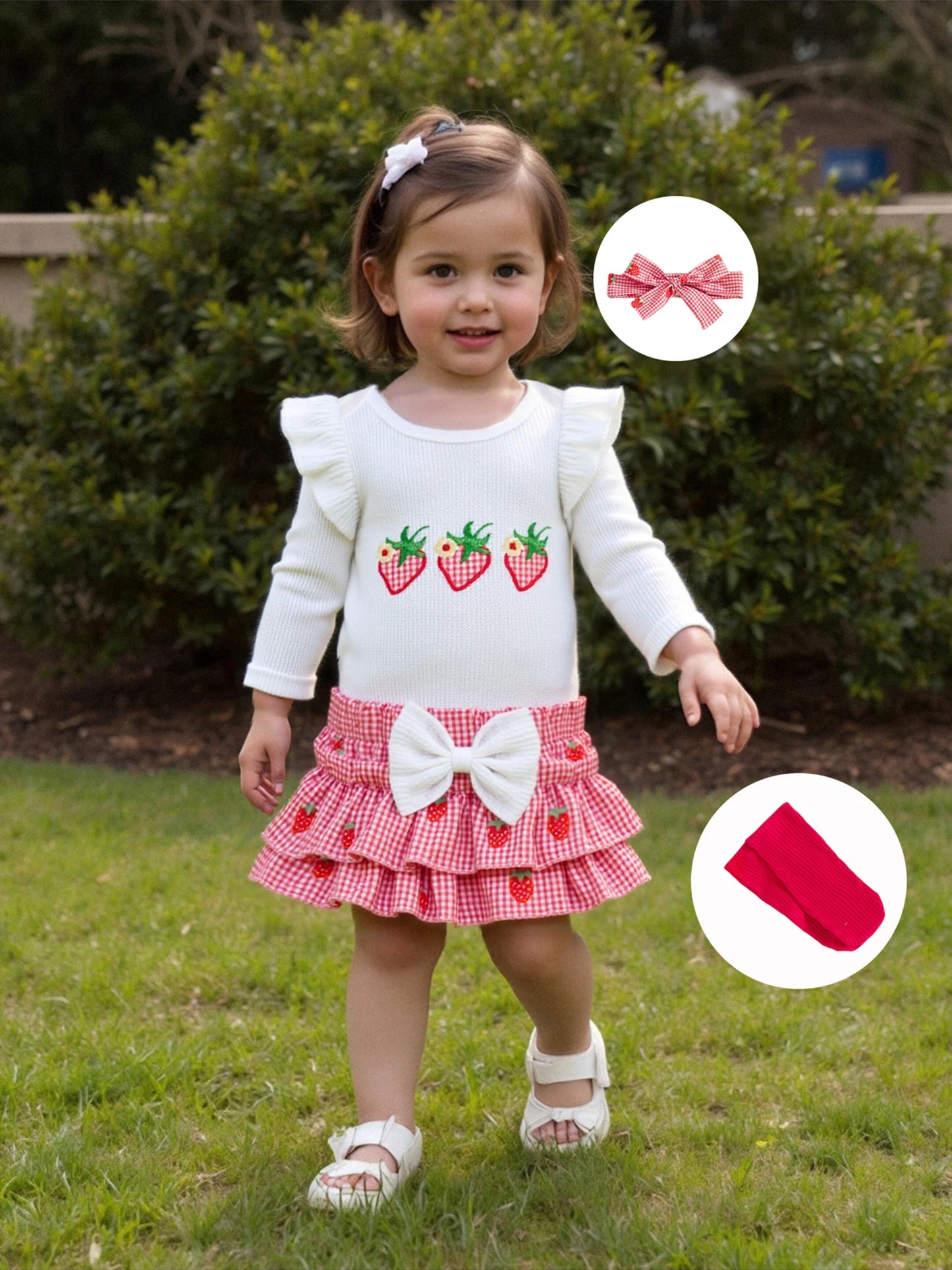 Baby Girls Strawberry Outfit Set - 4-Piece Long Sleeve Romper, Plaid Shorts, Headband & Socks (0-18M)