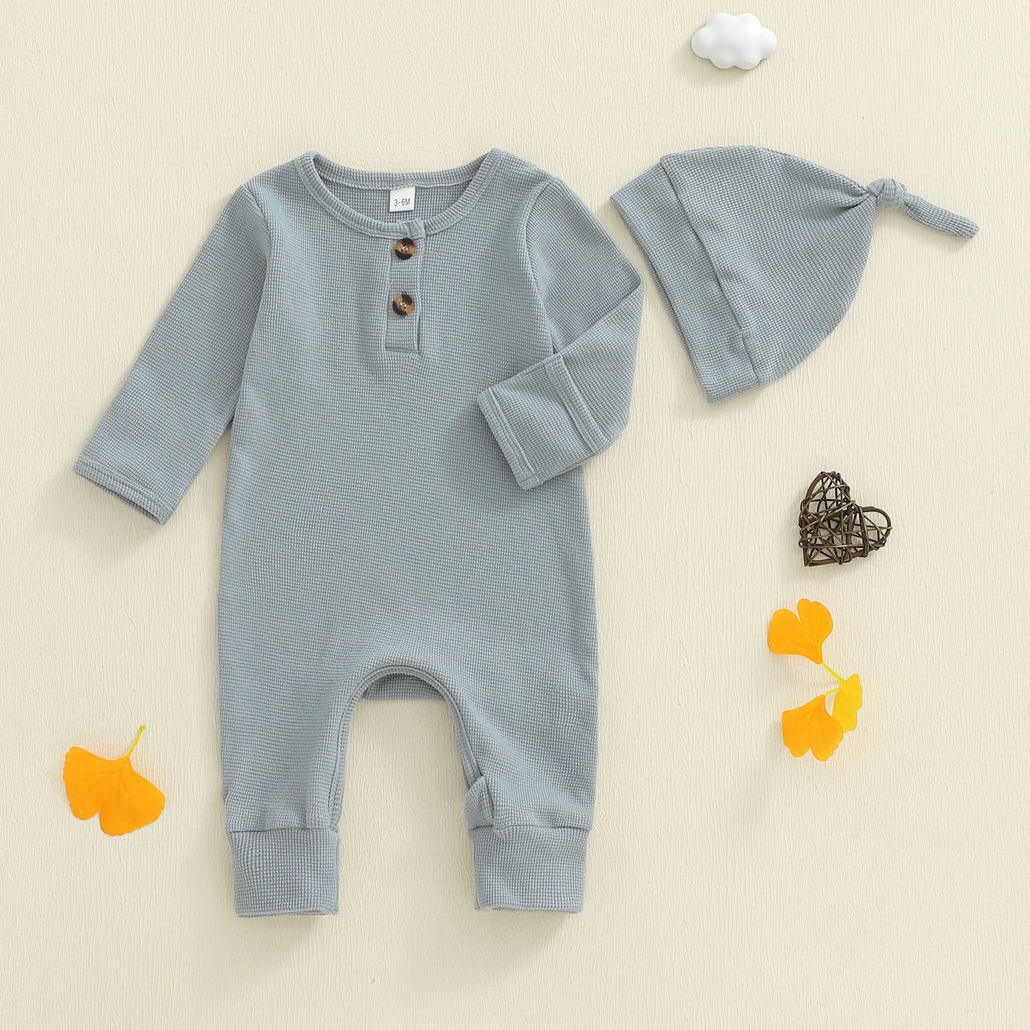 Newborn Baby Fall Winter Romper - Long Sleeve Solid Jumpsuit with Hat (0-6M)