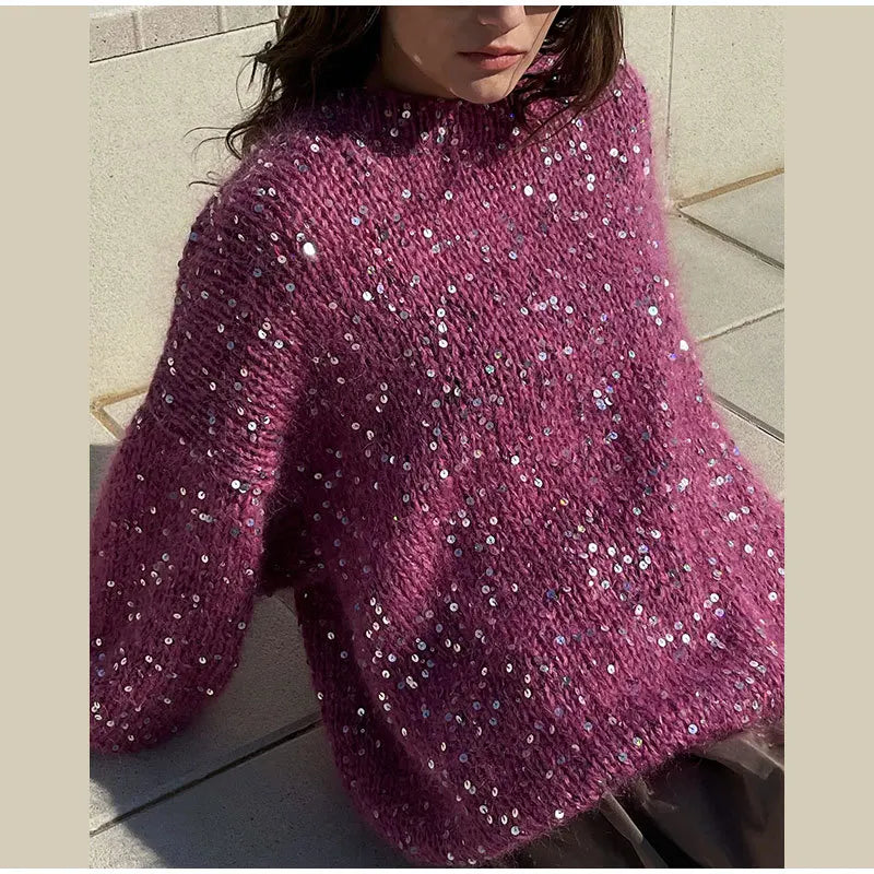 Women's Sequined Mohair Loose Round neck Lantern Long Sleeve Glitter Knitted Pullover Sweater
