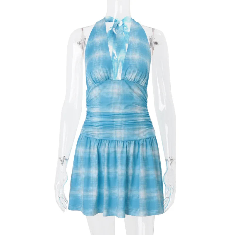 Women's Plaid Gradient Halter Plunge Mini Dress Outfit Summer Backless A-Line Ruched Dress