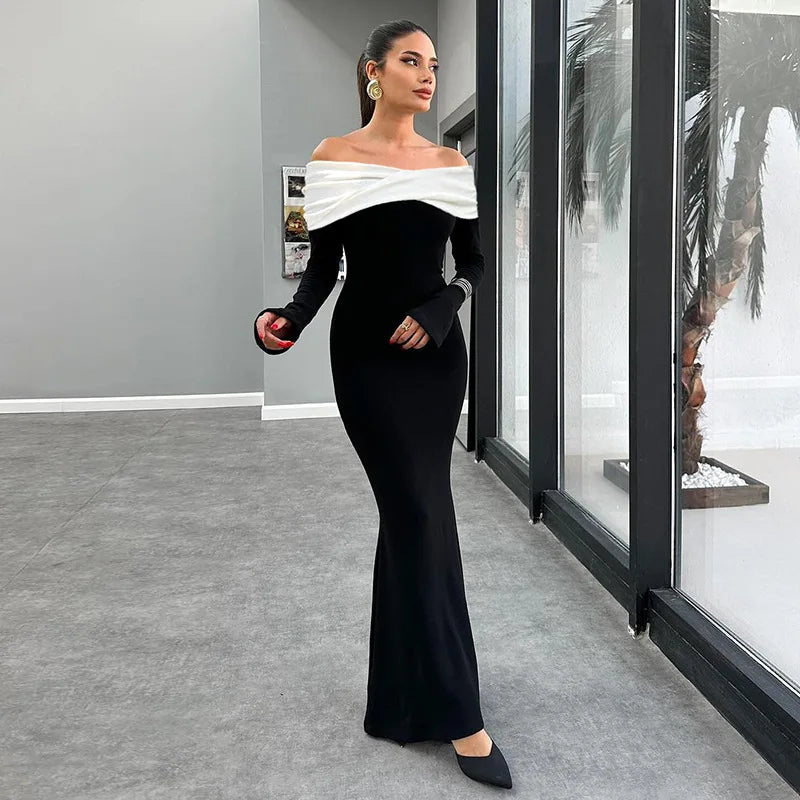 Women's Elegant Off Shoulder Long Sleeve Maxi Party Bodycon Dress