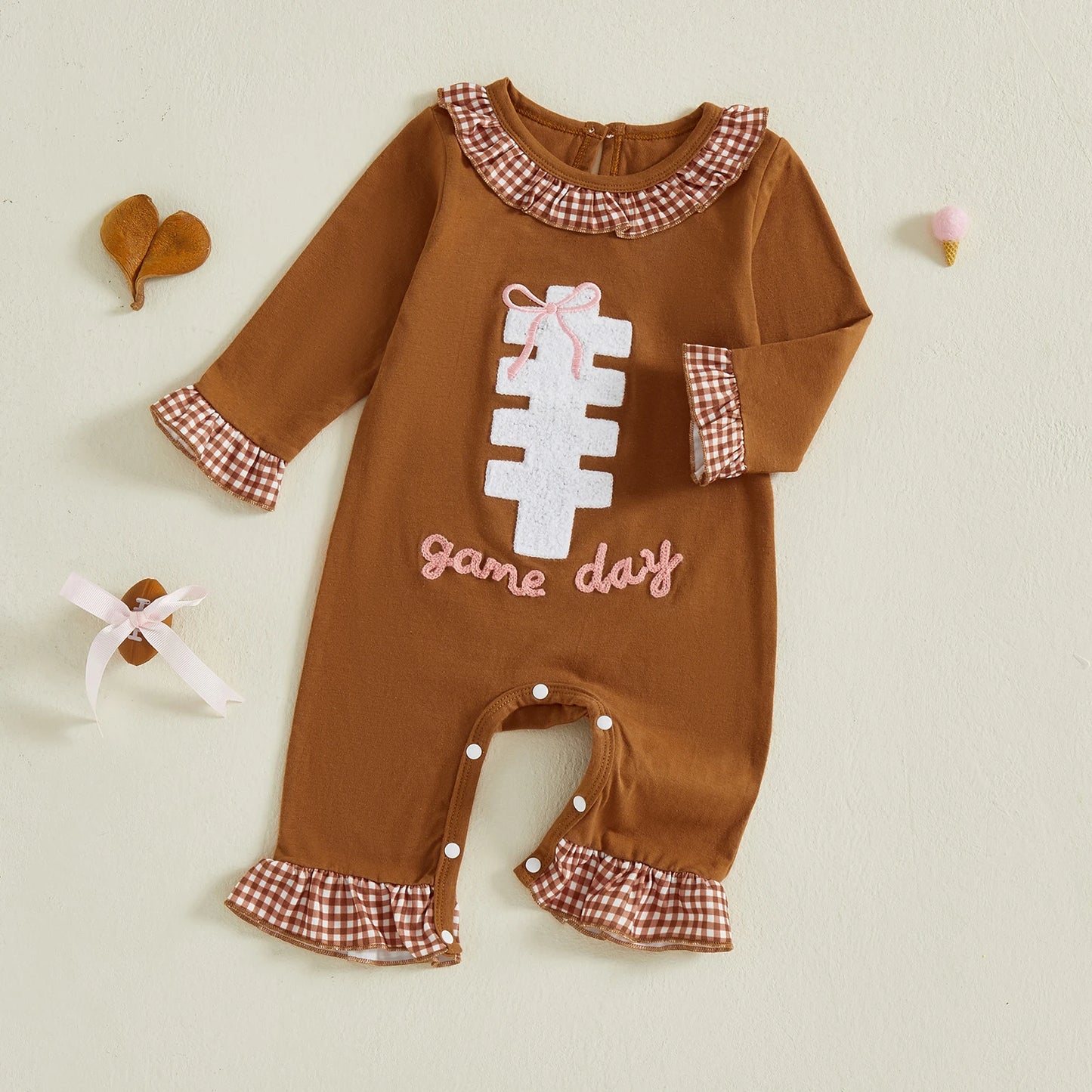 Baby Autumn Winter Romper - Plaid Print Football Embroidery Ruffled Jumpsuit (0-18M)