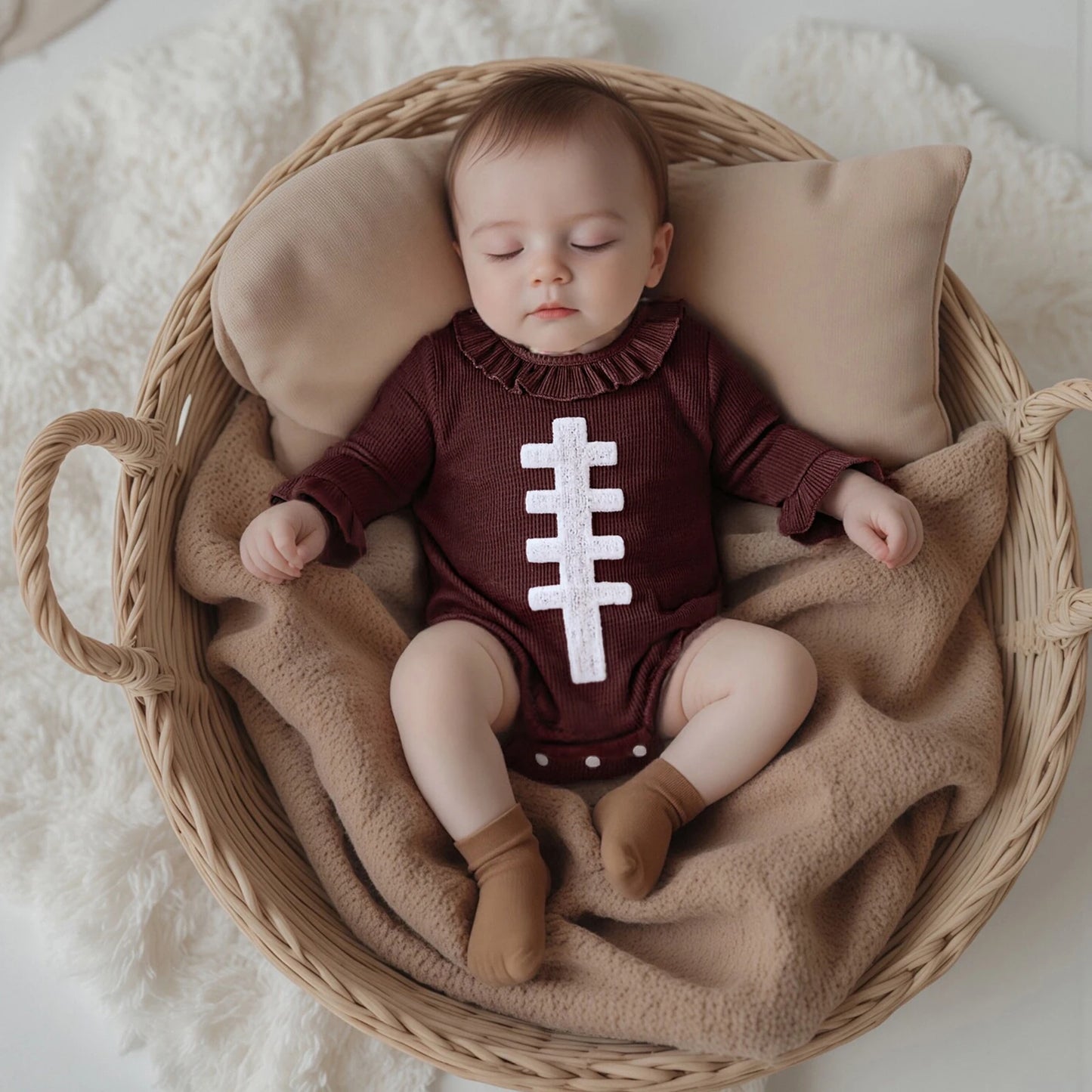 Baby Autumn Winter Romper - Football Embroidery Long Sleeve Ruffled Jumpsuit (0-18M)