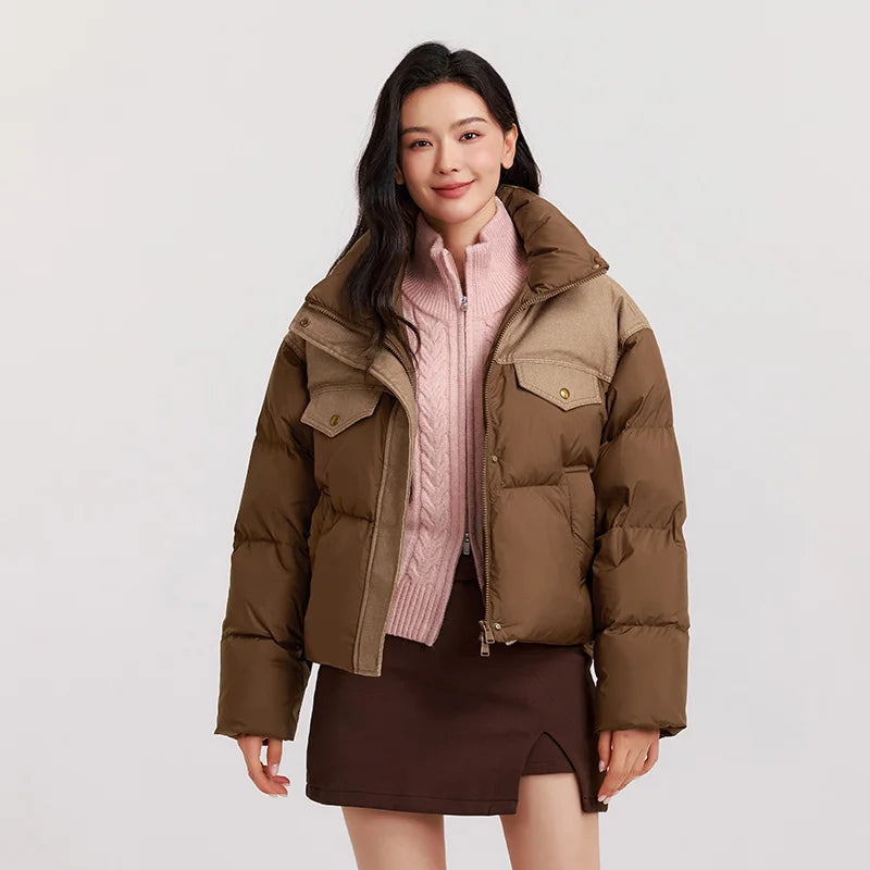 Down Jacket Women Waterproof Patchwork Oversize Stand Collar Winter Trendy Coat