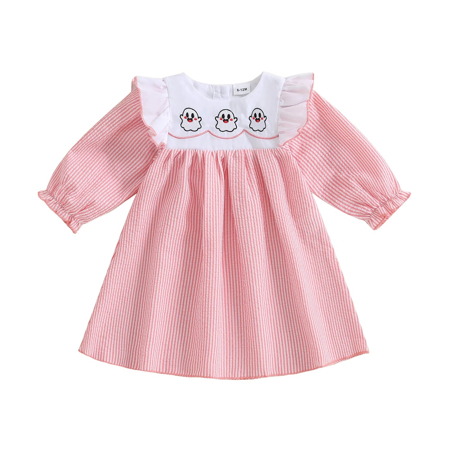 Toddler Girls Halloween Dress - Pumpkin/Ghost Embroidered Ruffle Long Sleeve Striped A-Line Dress