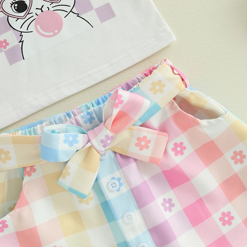 0-4Y Kids Girls Easter Clothes Sets 2pcs Short Sleeve Rabbit Letter Print T Shirts + Checkered A-Line Skirts