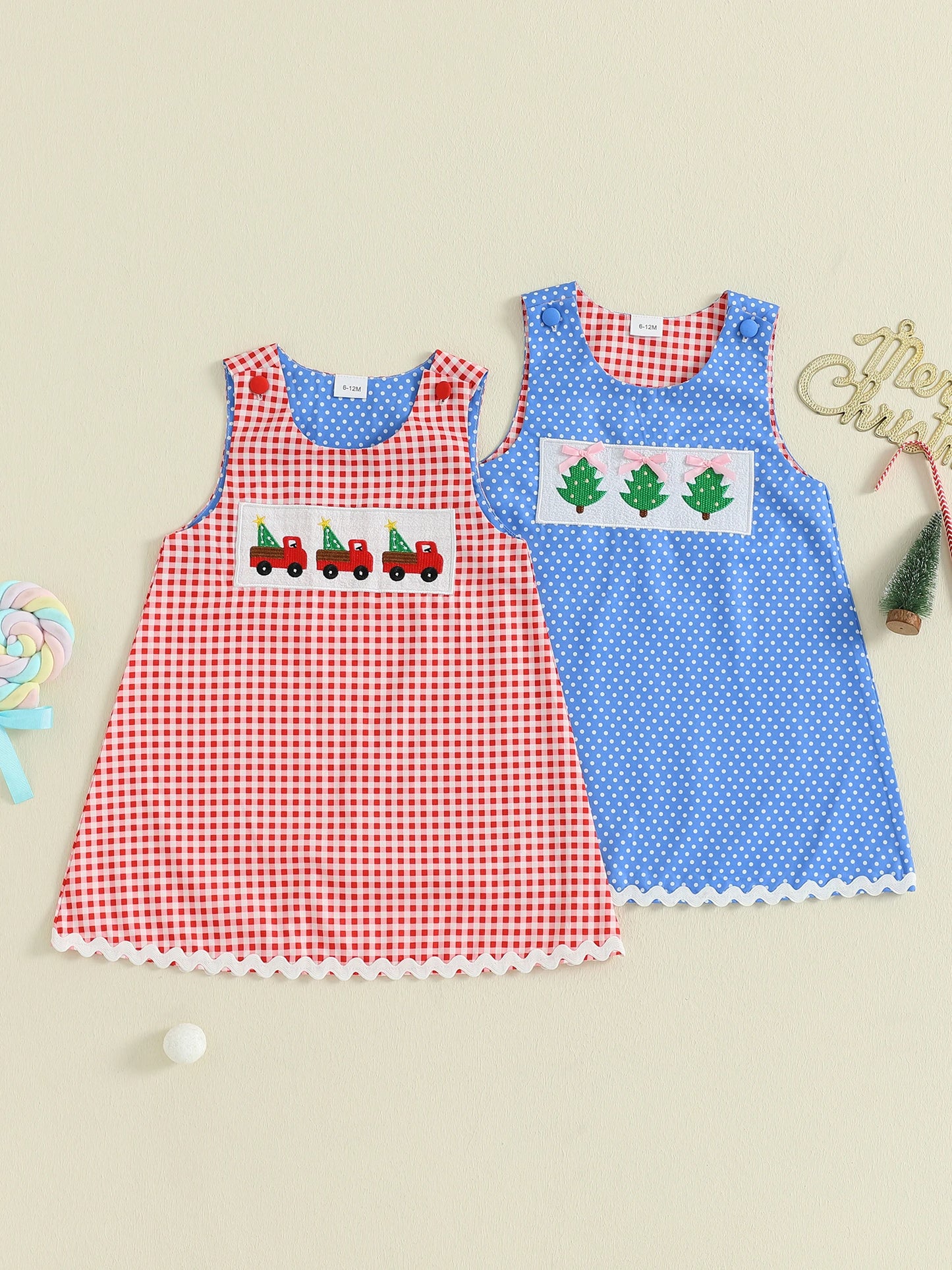 Girls' Christmas Tank Dress - Sleeveless Plaid Dress with Embroidered Tree Design
