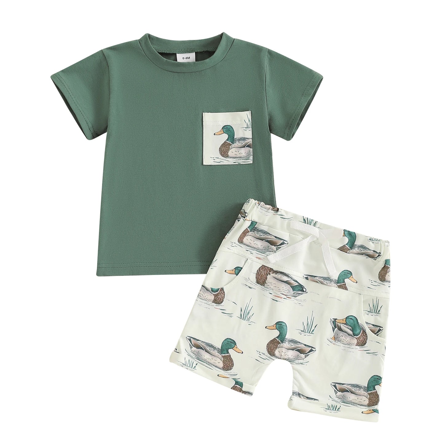 Baby Boys Duck Print Outfit Set - Patchwork T-Shirt with Elastic Waist Shorts