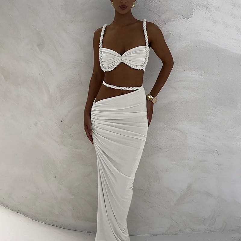 Women's Ruched Bandage 2 Piece Set Backless Decorative Cord Top and Skirt Dress Set