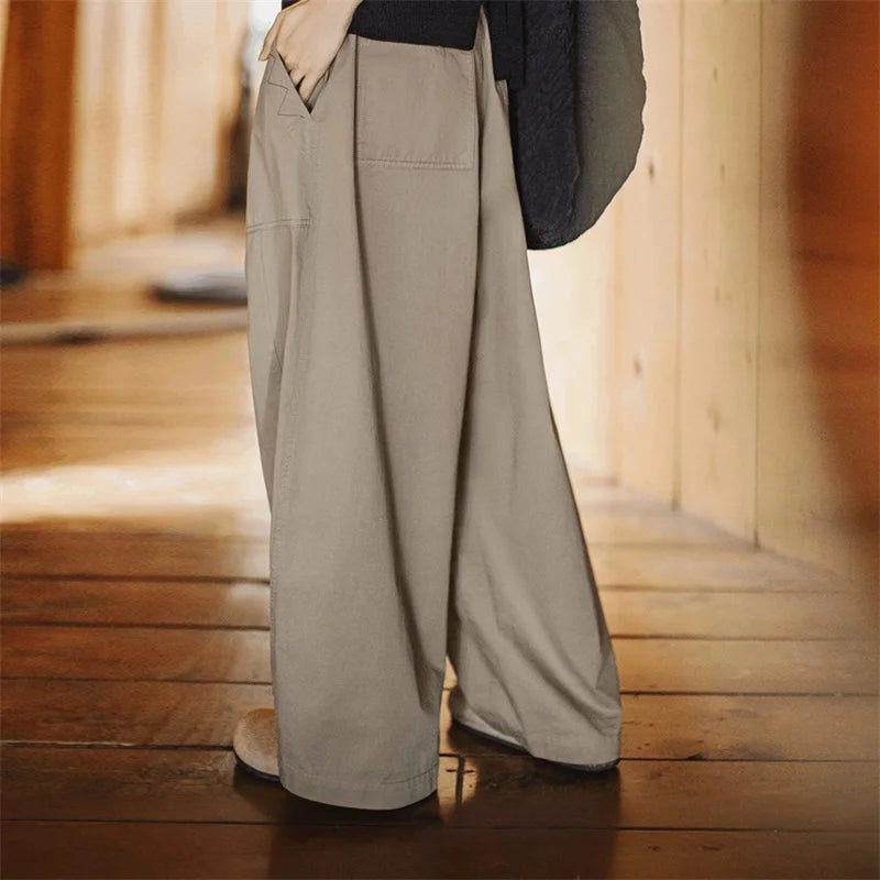 Women's Wide Leg Cargo Trousers - Khaki Elastic Waist Pocket Pants