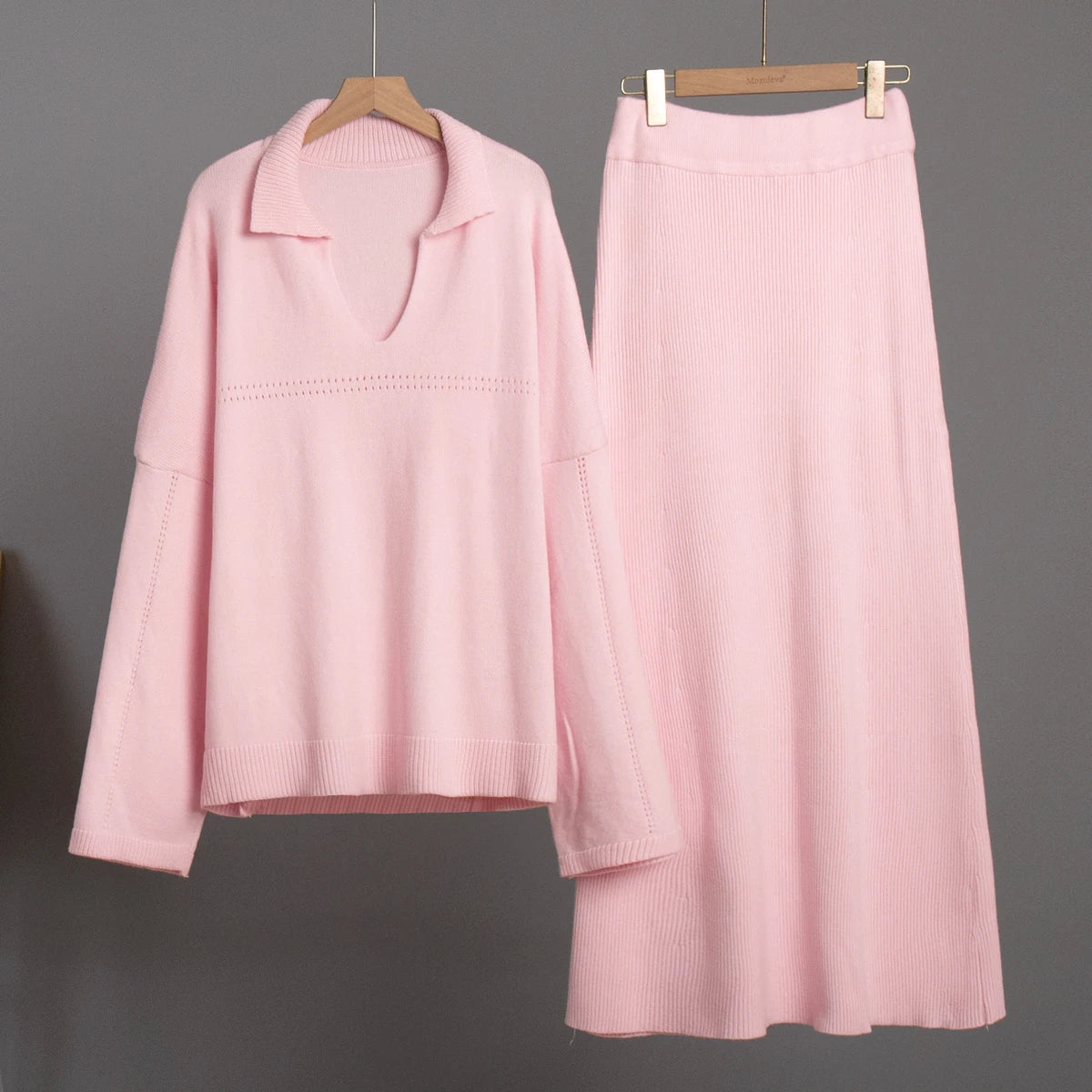 Women's Loose Sweater V-Neck Knit Pullover Top and Long High Waist Skirt 2 Piece Set