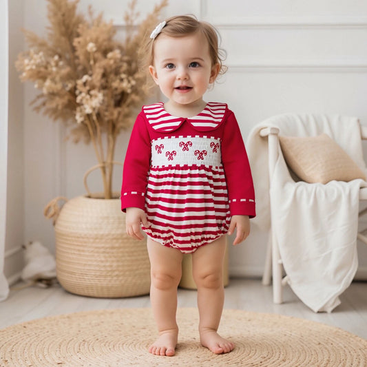 Baby Christmas Romper - Candy Cane Embroidery Long Sleeve Smocked Striped Jumpsuit
