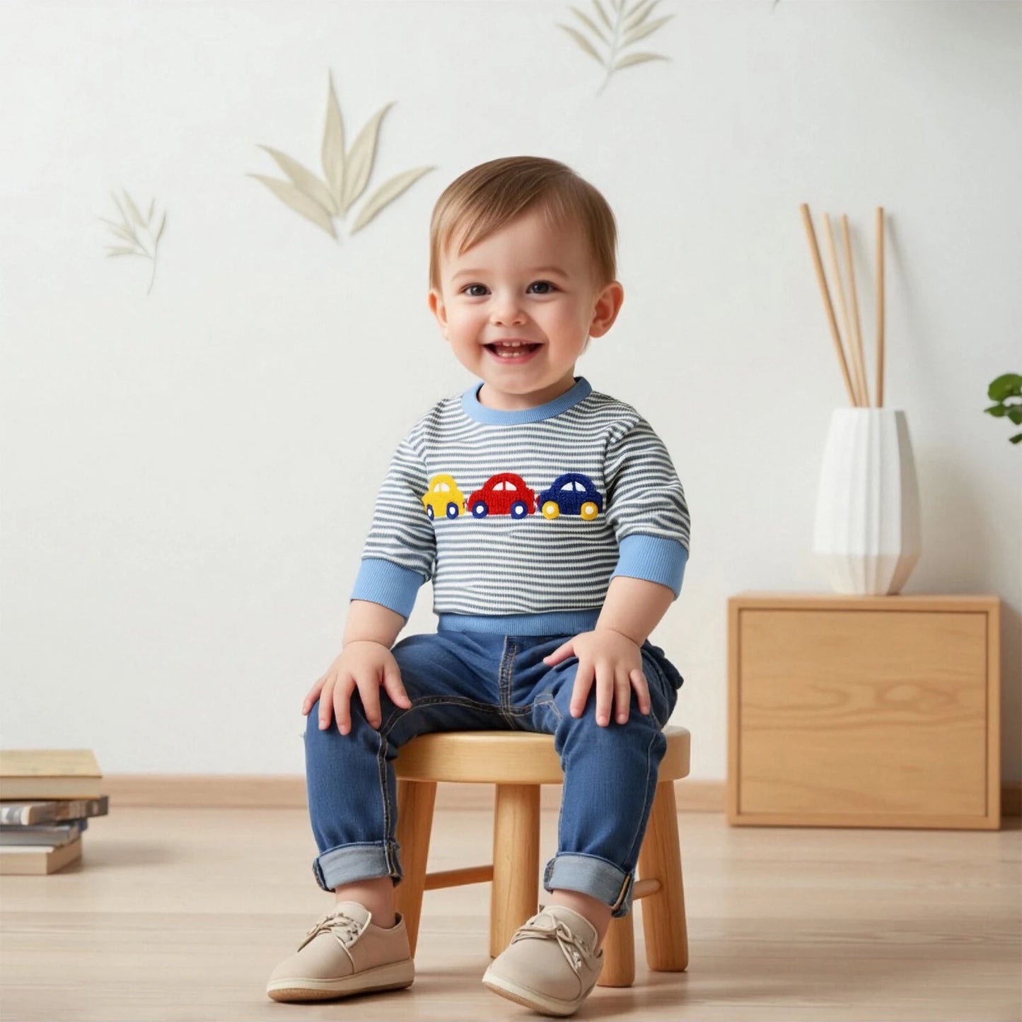 Baby Boys Car/Dinosaur Embroidered Striped Print Pullover Waffle Knit Top