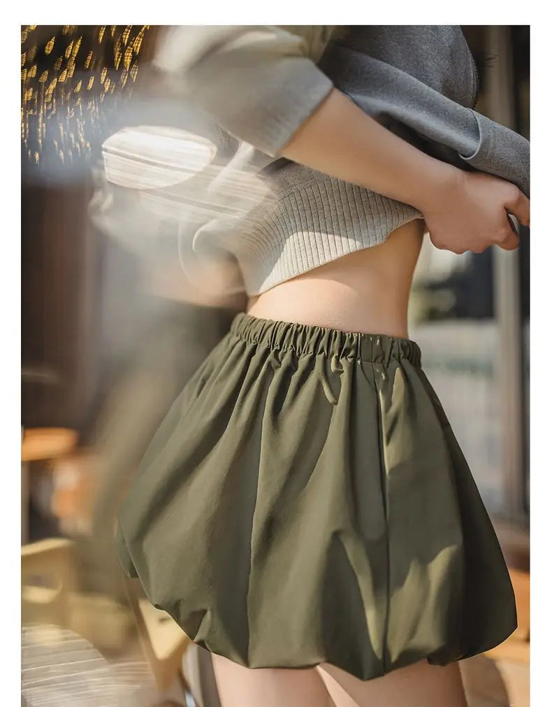 Women's Casual Green Bubble Hem Mini Summer Drawstring Waist Lantern A-Line Versatile Floral Petal Short Skirt