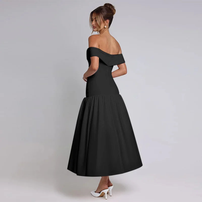 Women's Ruched One-Shoulder Party Long Sleeveless High Waist A-Line Dress