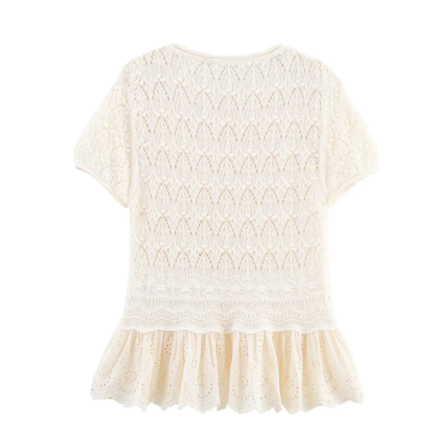 Women's Summer Hollow Embroidery Decoration Splicing Knitted Style Round Neck Short Sleeved Top