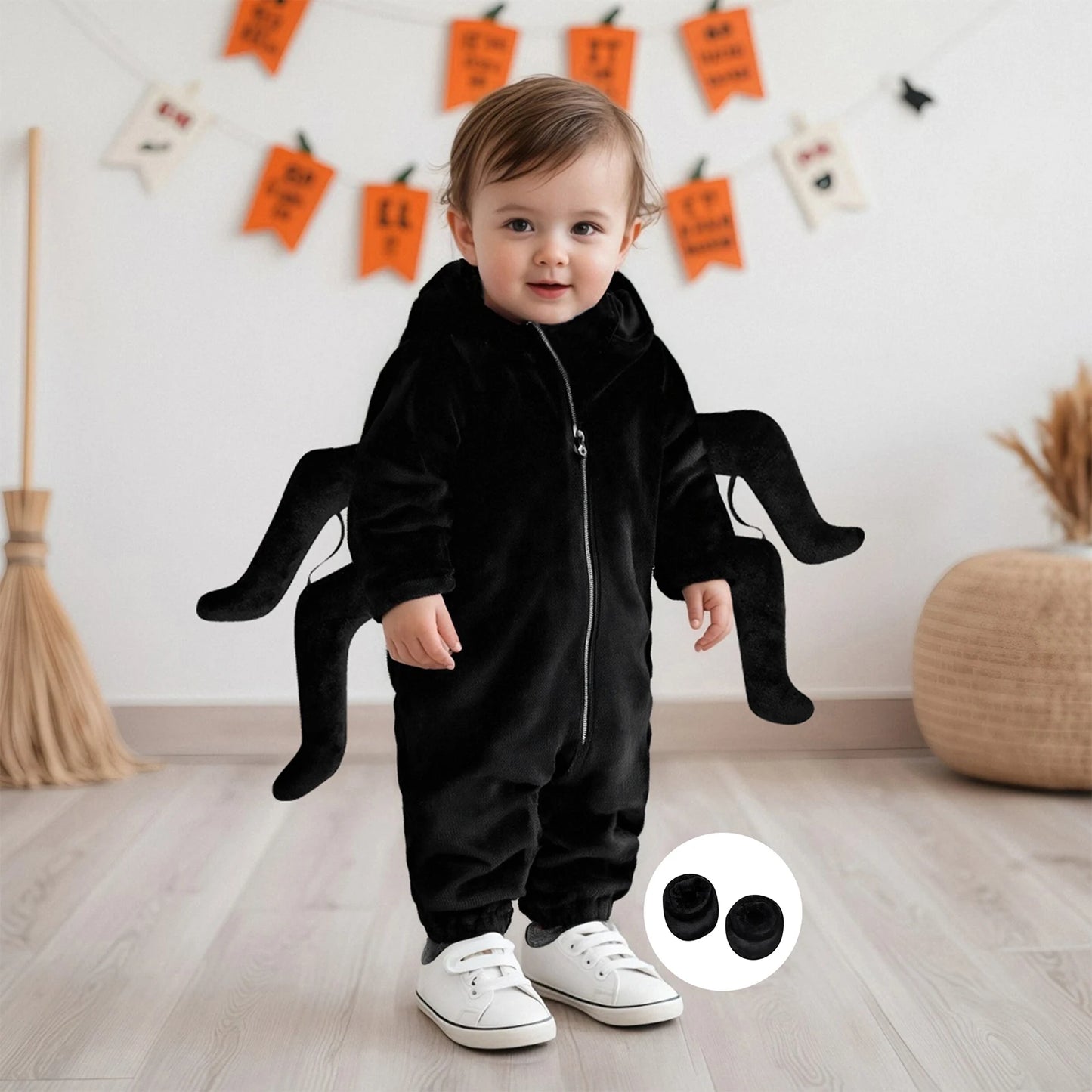 Baby Spider Costume - Halloween Hooded Jumpsuit with Foot Covers