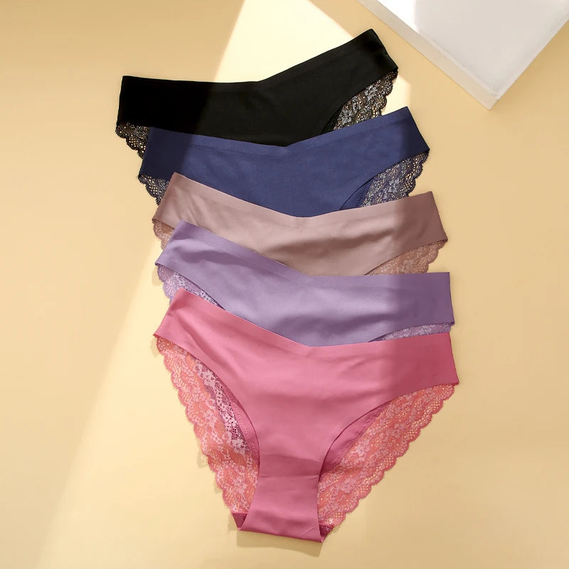 Women's 2Pcs Seamless Stretch Underwear Lace Floral Panties Recycled Materials Breathable Briefs Low Waist Comfort Lingerie
