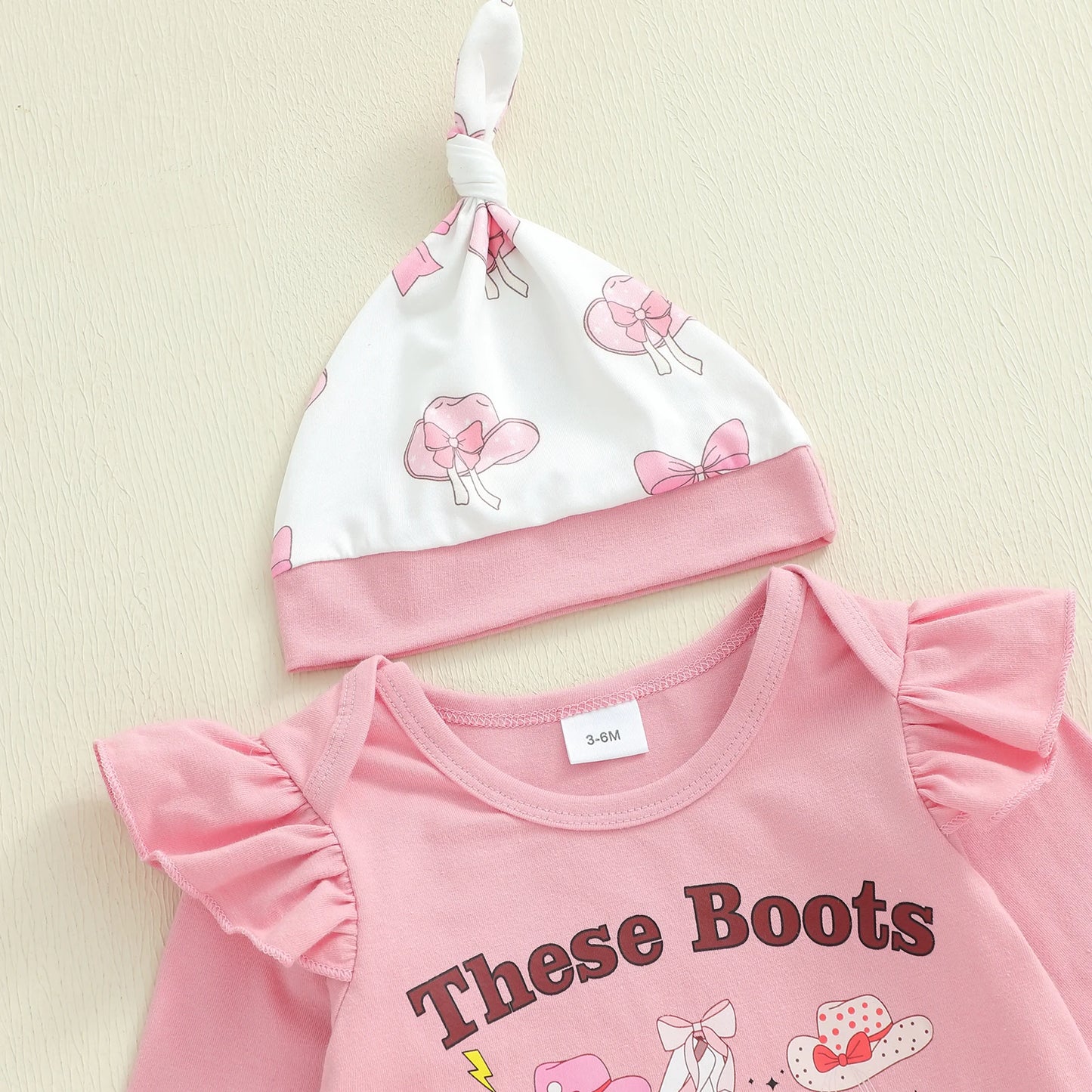 Baby Girls Western Fall Winter Clothes Set - Long Sleeve Boots Letters Print Romper with Bow Pants & Hat
