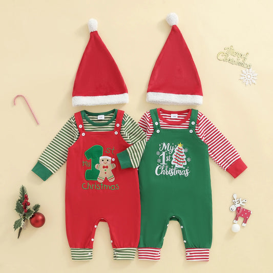 Newborn Baby Boys Fall Winter Christmas Clothes Set - Stripe Long Sleeve Romper, Embroidery Overall Pants & Hat
