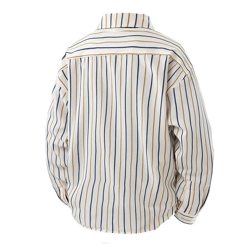 Men's Japanese Style Striped Casual Shirt - Long Sleeve Turn Down Collar