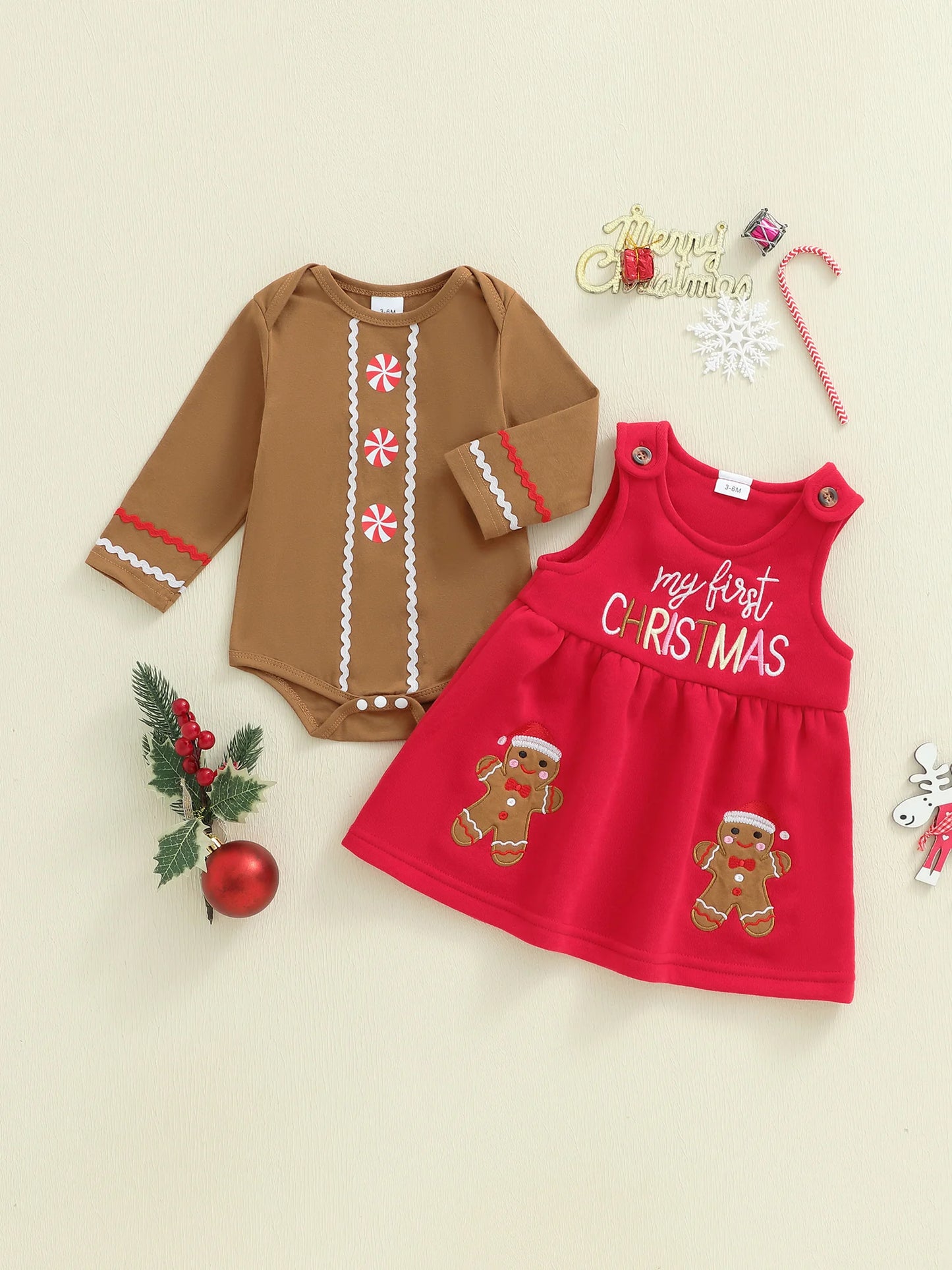 Baby Girls Christmas Clothes Set - Long Sleeve Romper & Gingerbread Man Embroidery Overalls Dress