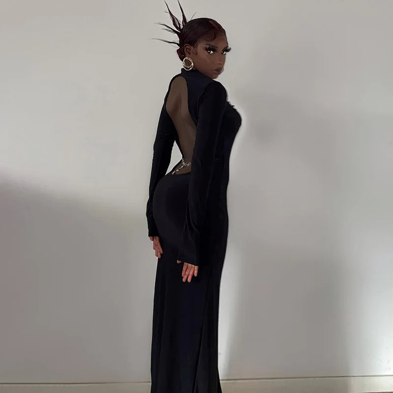 Women's Cut Out Chain Backless Maxi Party Club Long Sleeve Slit Long Dress