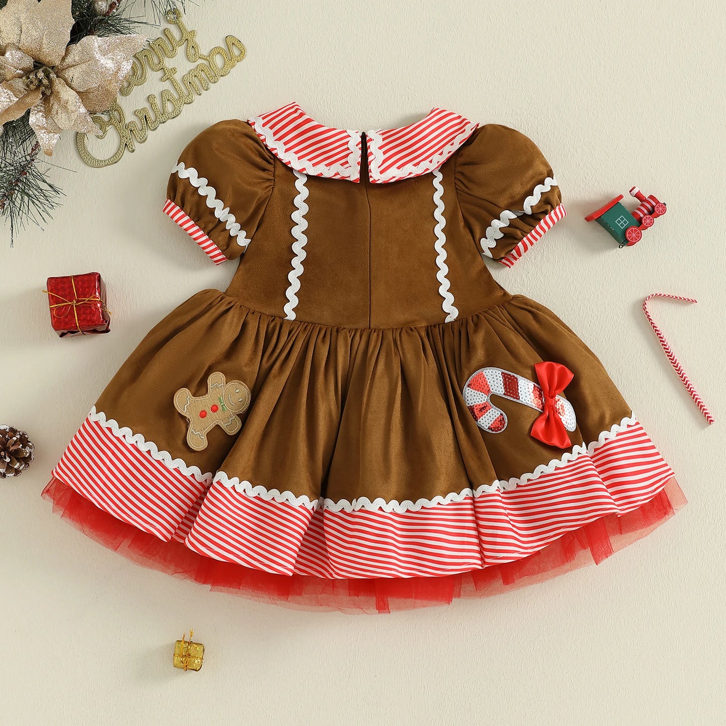 Toddler Girl's Christmas Dress - Gingerbread Man Print Doll Collar Bubble Sleeve