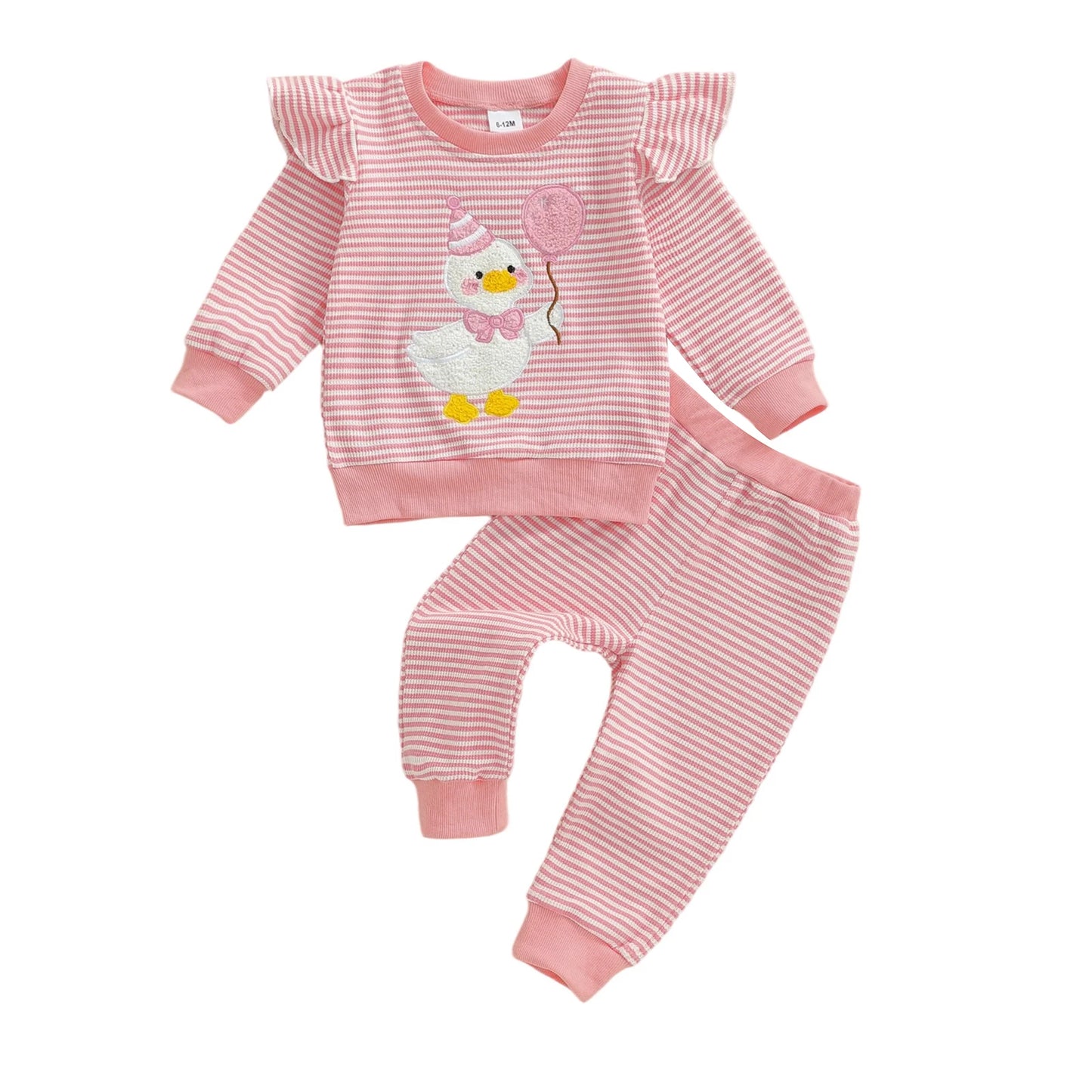 Baby Girls Goose Embroidered Striped Outfit Set (0-4Y)
