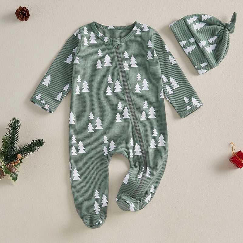 Newborn Christmas Romper Set with Hat - Xmas Tree Print Zip-Up Footed Jumpsuit