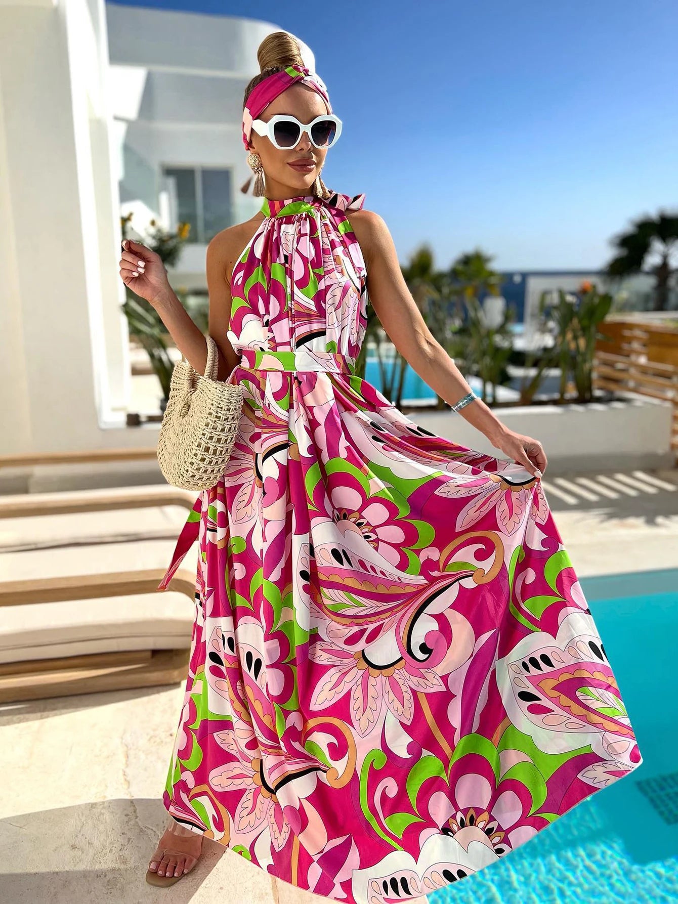 Women's Elegant Floral Printed Long Halter Beach Dress Loose Summer Bikini Cover Up