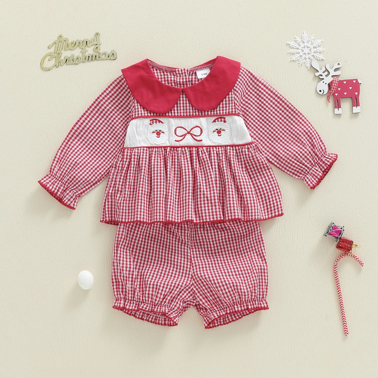 Baby Girls' Christmas Outfit Set - Long Sleeve Plaid Top & Lantern Shorts 2 Piece