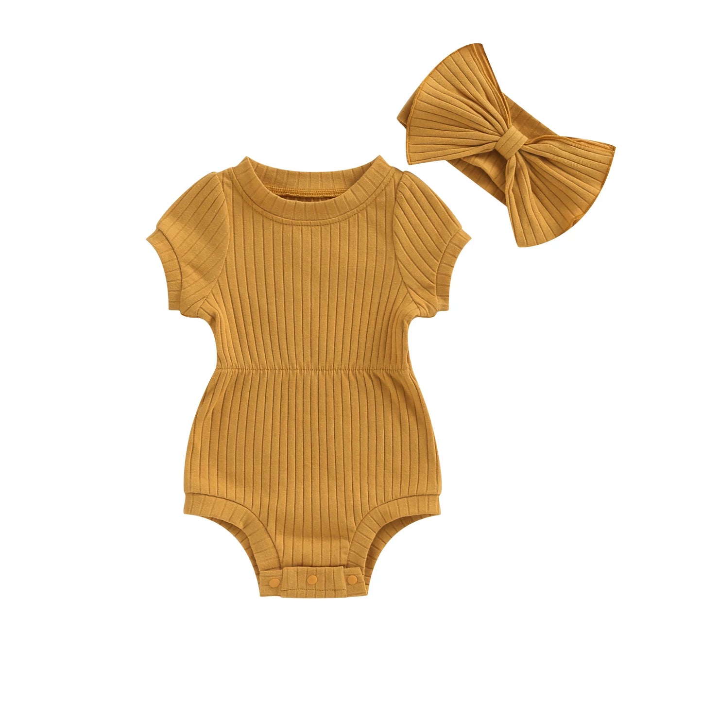 Newborn Baby Girl Romper Set - Short Sleeve Jumpsuit with Bow Headband (3 Colours)