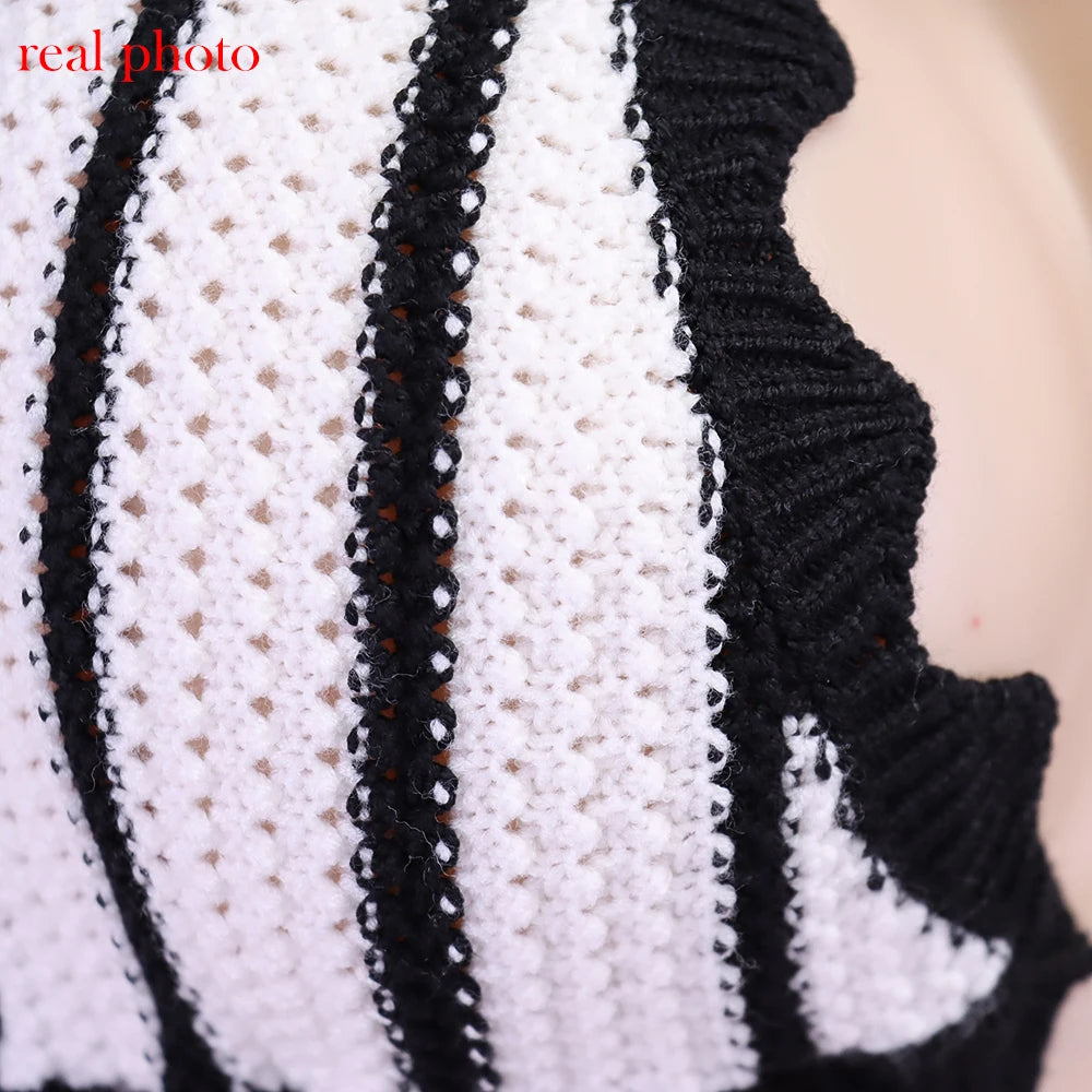 Women's Summer Beachwear Stripe Dress Set -Deep V Neck Knitted Top and Skirt 2 Piece Sets