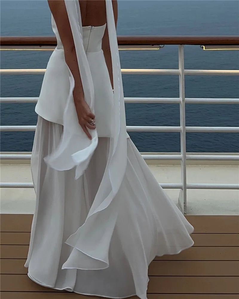 Women's Elegant Strapless Maxi Gown With Scarf Off-shoulder Sleeveless Backless Split Beach Long Dress
