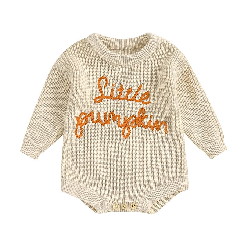 Baby Pumpkin Knit Romper - Long Sleeve Halloween Jumpsuit (0-18M)