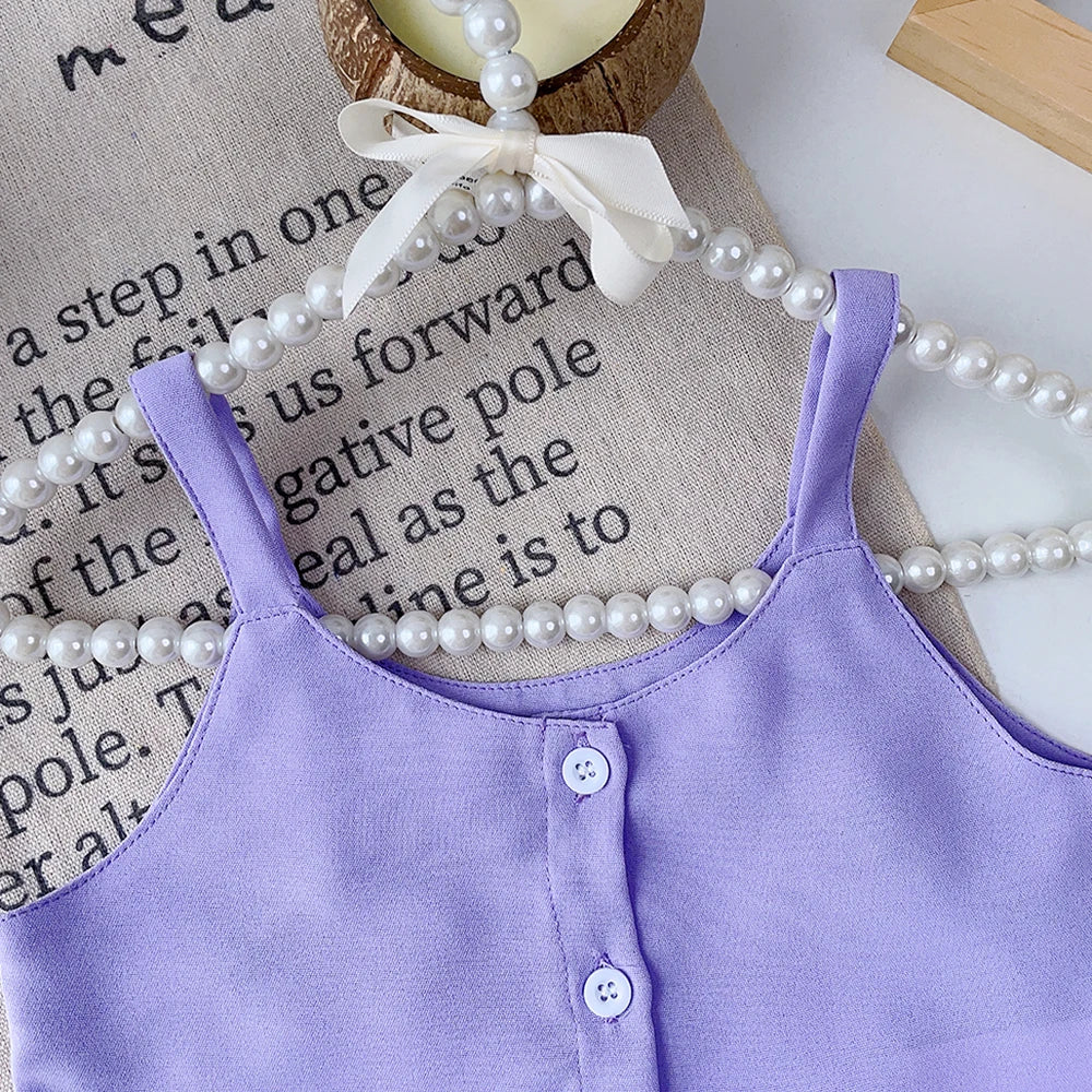 Girls' Summer Outfit Set - Solid Suspender Top with Floral Shorts 2-Piece