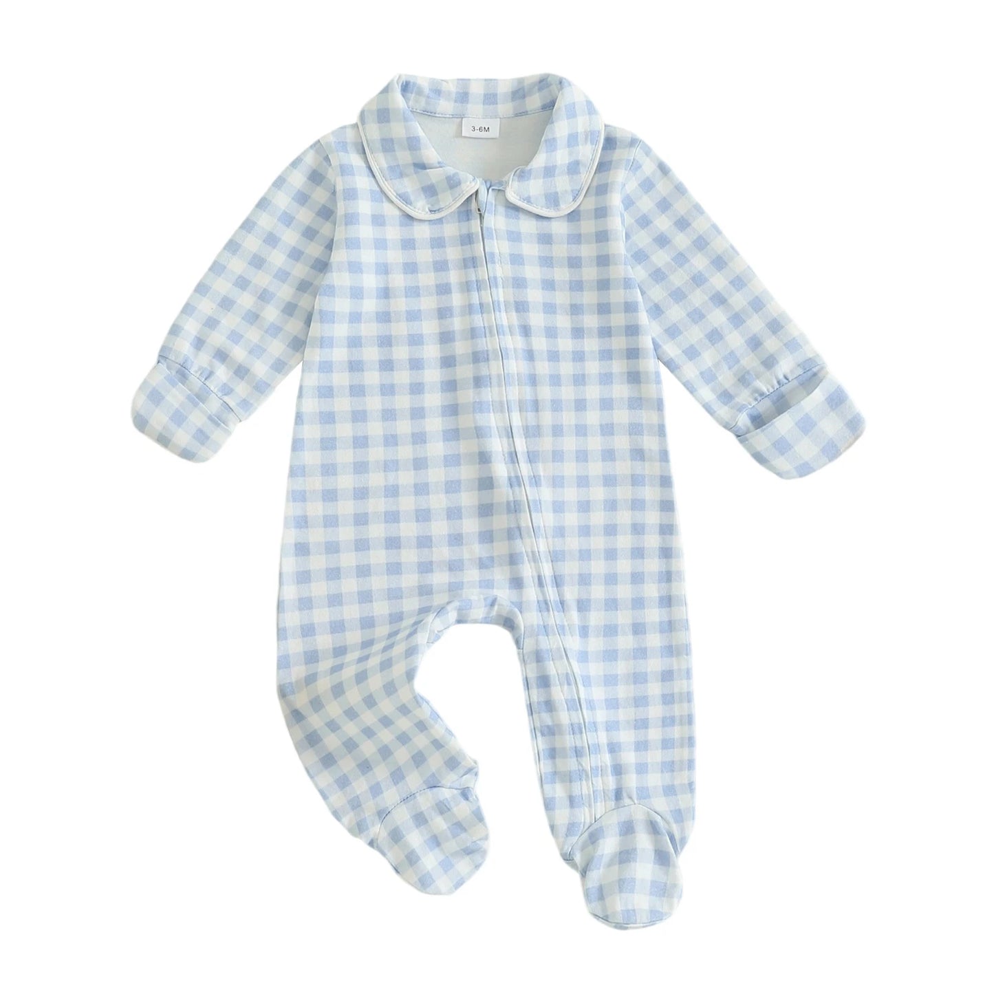 Newborn Baby Plaid Romper - Doll Collar Long Sleeve Zip-Up Footed Jumpsuit